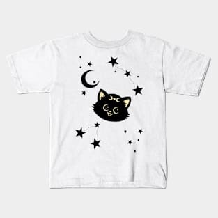 Black cat with stars and crescent moon Kids T-Shirt